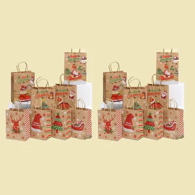 Produktbild von Weihnachtsgeschenktüten, 16 Stück wiederverwendbare Weihnachtstüten, Papiergeschenktüten mit Griffen und Weihnachtsdrucken, Weihnachtstüten für Geschenke, Weihnachtsgeschenktüten, Partygeschenke, 21,1 x 26,9 x 10,9 cm