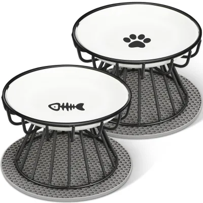 Produktbild von 2 Stück Katzennapf Erhöht - Futternapf Katze aus Keramik mit Napfunterlage Silikon, Erhöhter Futternapf für Katzen mit Metallständer