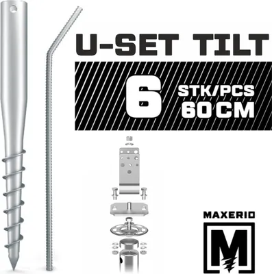 Produktbild von MAXERIO® 60 cm 6er U-Set TILT Schraubfundamente inkl. 7 cm Pfostenträger (U-Winkel - feuerverzinkt); Ø 60 x 2; M12