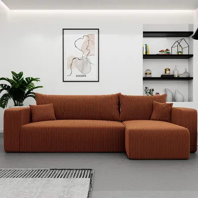 Obrázek produktu pro Rohová pohovka ve tvaru písmene L, model Castelo Poso 40, barva měď/terakota, potah Cord, s možností rozložení na lůžko a úložným prostorem