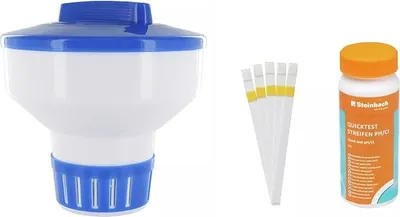 Produktbild von Steinbach | Quicktest Streifen Kit inkl. Dosierschwimmer Maxi | 18 cm Ø | bis zu 200 g Tablettengröße | für sauberes und kristallklares Poolwasser