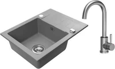 Immagine prodotto di VBChome Lavello in granito 59 x 44 cm Grigio con rubinetto Lavello da incasso a vasca singola Reversibile Speckled Lavello di facile manutenzione con sifone