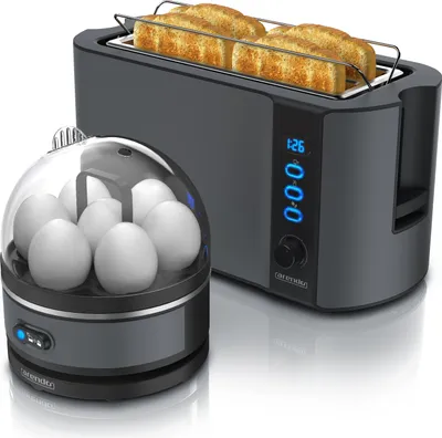 Image de Arendo - SET Grille-pain FRUKOST avec cuiseur à oeufs SEVENCOOK Acier inoxydable gris, Grille-pain 4 tranches, écran LED, 6 degrés de brunissage, support à petits pains - Cuiseur à oeufs 1-7 oeufs, verre doseur
