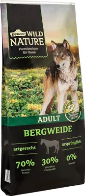 Produktbild von Dehner Wild Nature Hundefutter Bergweide, Trockenfutter getreidefrei / zuckerfrei, für ausgewachsene Hunde, Pferd, 12 kg