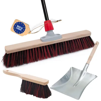 Produktbild von Novaliv Straßenbesen mit Stiel 50 cm Arenga-Elaston Borsten inkl. Kehrgarnitur schwarz bestehend aus Kehrblech und Handfeger Ideal als Gartenbesen Terassenbesen Stallbesen Kehrbesen Outdoor broom