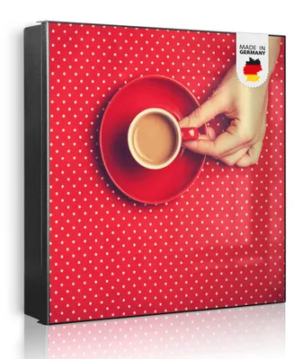 Produktbild von banjado Schlüsselkasten aus Metall, 30x30cm groß mit 32 Haken, als Magnettafel nutzbar, Korpus schwarz, Anschlag rechts, Kaffee Rot Weiss [SKG1 12479]