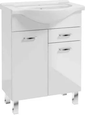 A white bathroom vanity with a sink and two doors and two drawers on a white background.