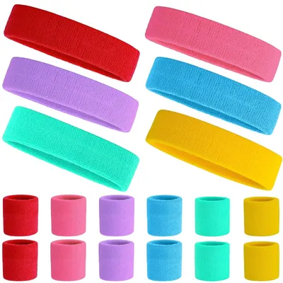 Produktbild von YOUNGSAY Schweißbänder, 18 Stück, 6 für die Stirn, 12 für die Handgelenke, elastische Schweißbänder für Damen und Herren, geeignet für Basketball, Tennis, Fitnessstudio (6 Farben)