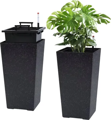 Produktbild von Hoch Pflanzkübel Set 2 Stück – Große Blumentöpfe für Innen & Außen – Schwarz – 55 cm – Selbstbewässerungssystem mit Wasserstandsanzeige