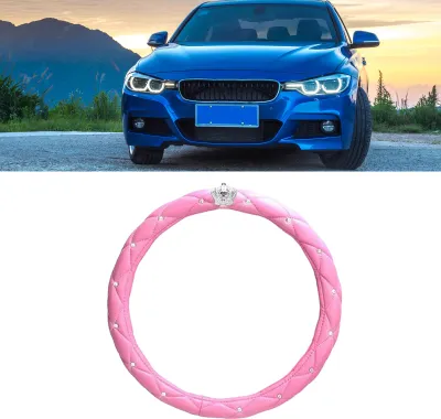 Produktbild von Damen-Lenkradbezug, niedlich, universell, rutschfest, Kunstleder, Strasssteine, Auto, Rosa