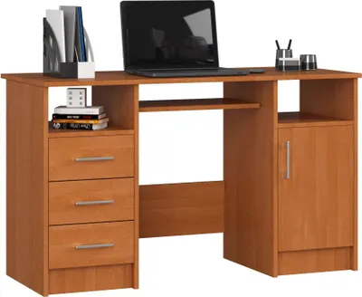 A wooden desk with a laptop and office supplies.