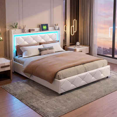 Obrázek produktu pro Hydraulická postel INONEFT, rozměry 140 × 200 cm, čalouněná postel, dvoulůžko s LED osvětlením a USB porty, postel pro dospělé s čelem a krystalovými prvky, materiál: PU, barva: bílá