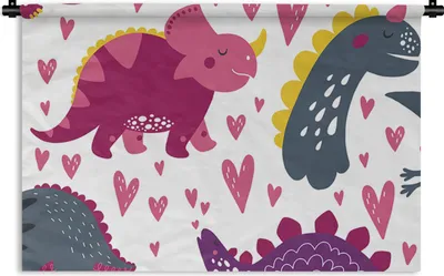 Produktbild von MuchoWow® Wandteppich Wandbehang Dino - Herz - Muster - Rosa - Mädchen - Dinosaurier 90x60 cm Tapisserie Dekoration Wandtuch - Wandskulpturen - Bildteppich