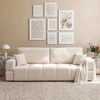 Produktbild von Schlafsofa Casidi mit Bettkasten Centaur 01 Creme Boucle Couch Kissen