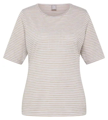 Produktbild von T-Shirt aus Viskosemischung, Beige, Größe 46, mit Rundhalsausschnitt, kurzen Ärmeln und Strass-Schriftzug