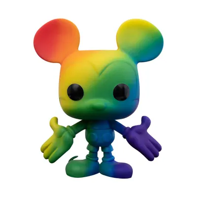 A rainbow-colored Mickey Mouse Funko Pop! vinyl figure is shown against a white background.