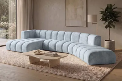 Productafbeelding van Modulaire hoekbank in L-vorm, fluwelen stof Riviera, Babyblauw, links, GRAND Round, AI-gegenereerde afbeelding