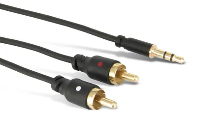Produktbild von S/CONN maximum connectivity Smartphone-Tablet PC-Zubehör-Super Slim Audiokabel, 3,5mm Stereo Mini-Stecker auf 2x Cinchstecker, vergoldete Kontakte, Rundkabel, schwarz, 1,5m (33983-S)