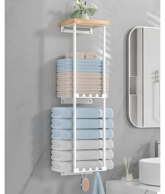 Obrázek produktu pro Držák na ručníky s odkládací plochou, bez nutnosti vrtání, 6 háčků, bílá barva, rozměry 72x20x16 cm