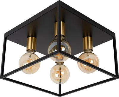 Produktbild von Deckenlampe Metall B: 36 cm in Schwarz Messing E27 4-flammig quadratisch Vintage