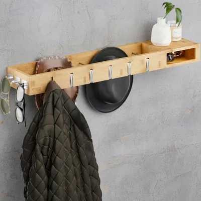 Produktbild von MEISTERHÖLZER Wandgarderobe Holz – 4in1 Garderobe mit Ablage, Kleiderstangen, Kleiderhaken & Brillenhalter – 100cm Garderobenpaneel für Flur & Diele