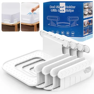 Productafbeelding van Set van 4 lakenspanners met een verbeterde sluiting die verschuiven voorkomt. Ideaal voor het vastzetten van lakens, geschikt voor matrassen vanaf 7 cm dik.
