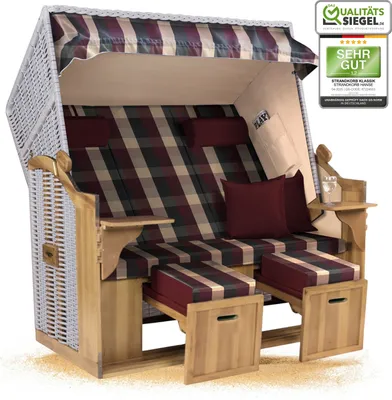 Produktbild von Strandkorb Ostsee 2,5-Sitzer 150cm breit in Weiß Rot Grün Beige Kariert Montiert ideal für Balkon, Terrasse oder Garten