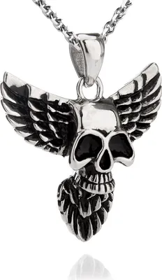 Produktbild von Edelstahl Totenkopf Anhänger mit Flügeln - Schwarze Beschichtung - und Edelstahl Kette - P4054 - 45 Zentimeter