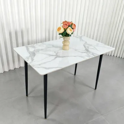 Obrázek produktu pro FATIVO jídelní stůl s mramorovým vzhledem 120×70×76 cm – skandinávský stůl pro 4–6 osob, úzký kuchyňský stůl do jídelny a obývacího pokoje, bílý