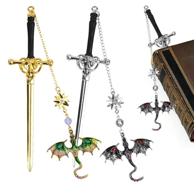 Produktbild von Metallische Lesezeichen in Form eines Schwertes mit Drachenmotiv, 2 Stück