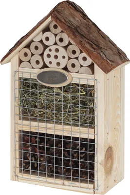 Produktbild von Dehner Natura Premium Insektenhotel Flavia, Insektenhaus / Nistkasten für Bienen/Schmetterlinge/Käfer, ca. 19 x 28 x 9 cm, Kiefernholz/Metall, natur
