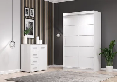Produktbild von 2er-Set Schwebetürenschrank Schrank Kleiderschrank Weiß/Weiß 120cm Neomi 06 mit Kommode 90cm FRIDA MINI 01