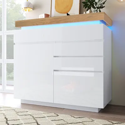 Produktbild von okwish Kommode Sideboard mit viel Stauraum, Schrank mit 2 Türen und 3 Schubladen und LED Beleuchtung(App-Steuerung), Schubladenschrank Anrichte für Wohnzimmer, 115 x 110 x 39 cm, Weiß