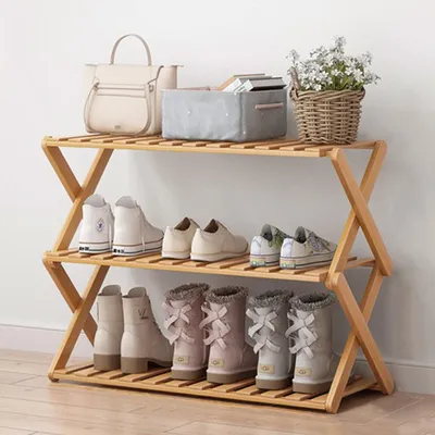 Productafbeelding van Schoenenrek bamboe, 3 niveaus, inklapbaar, 49x26x46 cm, houtkleur
