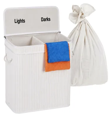 Immagine prodotto di Cesto portabiancheria Relaxdays con coperchio, 2 scomparti, bambù, 100 l, pieghevole, A x L x P: 60 x 52 x 32 cm, sistema di smistamento della biancheria, bianco