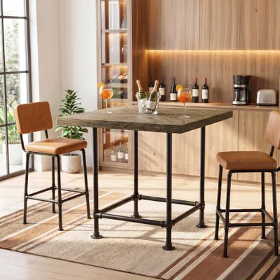 Image de Table de bar Tribesigns, table de bistrot de 90 cm, table haute carrée avec repose-pieds, table de cuisine, avec plateau en bois massif et piètement métallique robuste