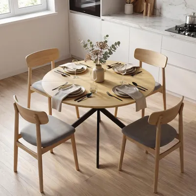 Produktbild von Esstisch rund X-Stahlbeine Industriestil, Küchentisch Spanplatte 4 Personen melaminbeschichtet, Eiche | Ø100 x 75 cm | 16 kg | verstellbare Füße
