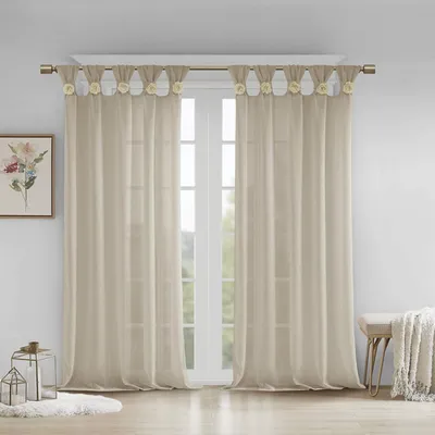 Voile-Gardine mit Rosetten-Blumenverzierung, 127x213 cm, Leinen