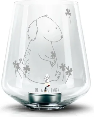 Produktbild von Mr. & Mrs. Panda Gravur Windlicht Hund Kleeblatt - Transparent - Geschenk, Kerzenhalter, Selbstliebe, Stumpenkerzenhalter, Sprüche, Viel Glück, glas, Glücksbringer