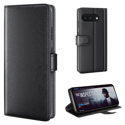 A collage of images showing a black leather flip phone case for a Google Pixel phone, including a close-up of the case and a phone inside it.