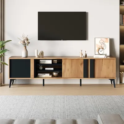 Produktbild von Rustikaler TV-Schrank in Braun mit Melaminoberfläche, 180 cm breit, für Fernseher bis 80 Zoll – eine Tür, offenes Fach und Kabeldurchlass