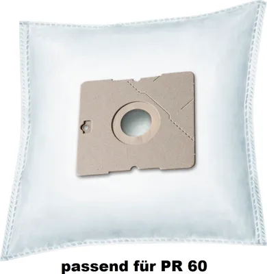 A white vacuum cleaner bag with a cardboard attachment is shown against a white background.