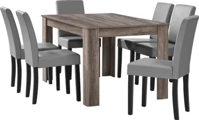 A dining table with six chairs.