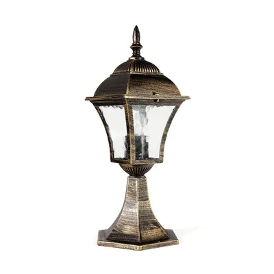 Produktbild von Wegeleuchte Außen 43 cm hoch Gold Antik E27 aus Aluminium Glas Rustikal Sockelleuchte Hof Garten