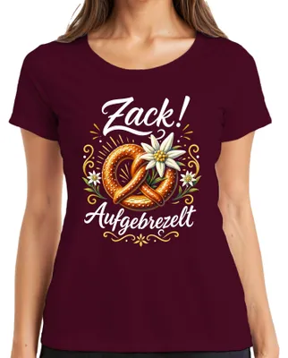 Produktbild von Zackig Aufgebrezelt Brezel Edelweiß Alpen Trachtenshirt Lederhose Damen T-Shirt, Burgundy, 3XL