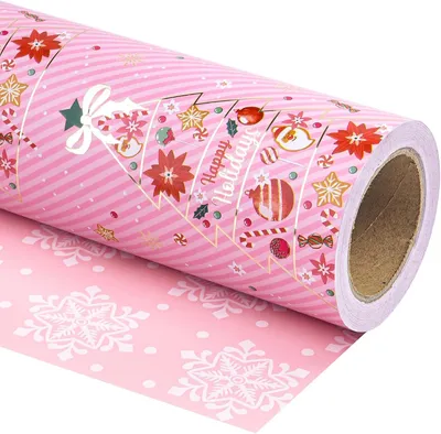 Productafbeelding van Omkeerbaar kerst inpakpapier - Mini Rol - 43,2 cm x 10,1 meter - Roze kerstboom en sneeuwvlokken ontwerp voor Kerstmis