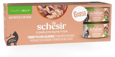 Imagen del producto de Schesir, alimento húmedo para gatos con atún y salmón, 6 latas de 85 g, 100% natural