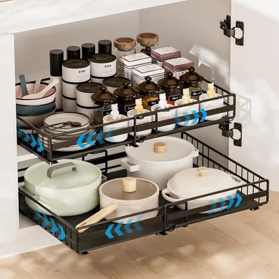 Produktbild von Küchenorganizer 2er Set, Ausziehbare Teleskopschublade für Küchenschrank, Schrank Organizer ohne Bohren, Metall Korbauszug für Küche