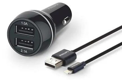 Produktbild von Philips Dual Car Charger 15W mit Apple Lightning Kabel MFI