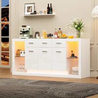 Image de Armoire d'appoint blanche brillante 160 x 40 x 75 cm avec 14 compartiments, 3 tiroirs, étagère en verre, LED, USB